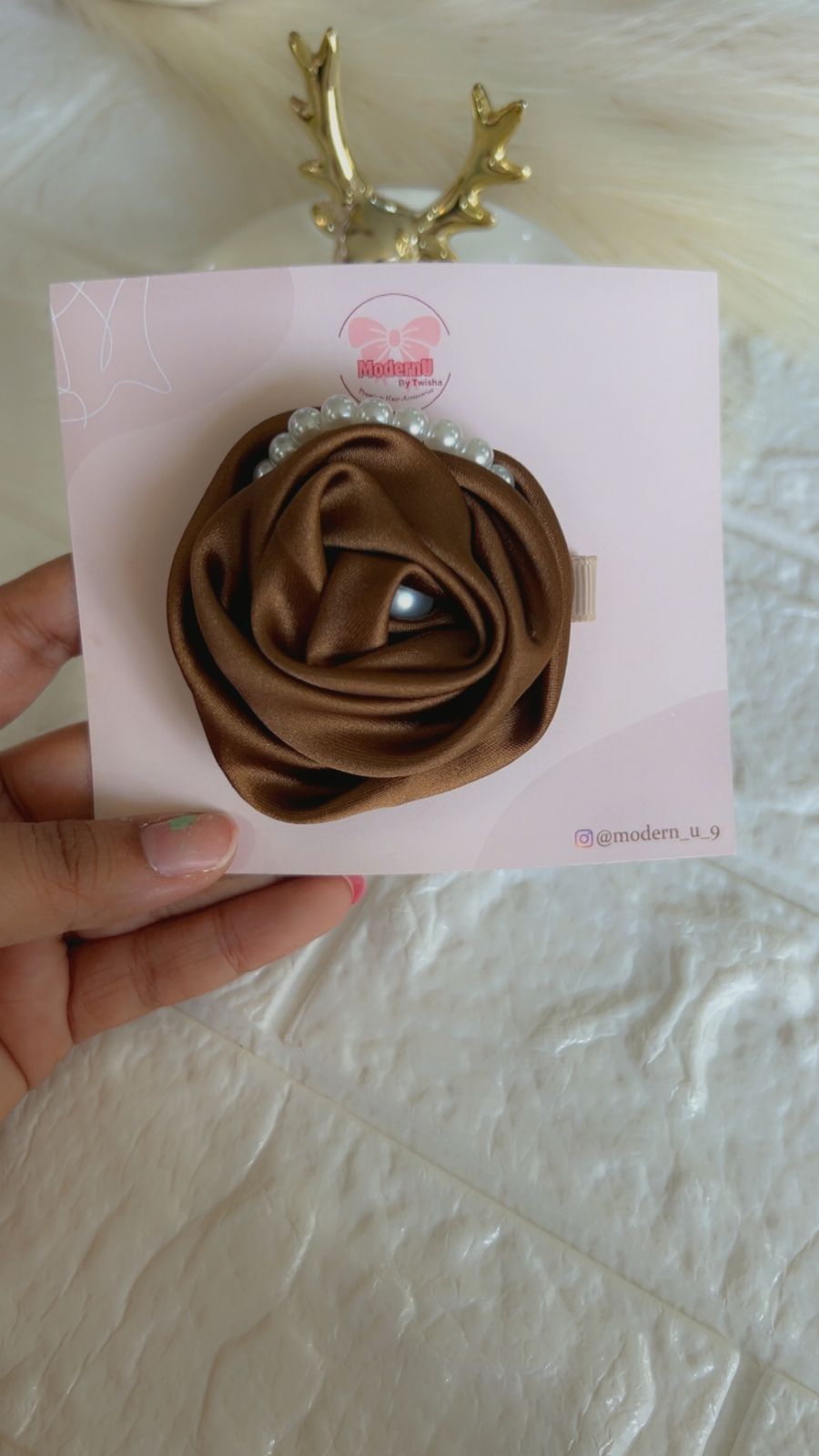 Satin Rose Shaper Hair Brooch with Pearl Center